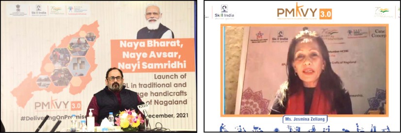 (Left) Minister Rajeev Chandrasekhar virtually launched a pilot project for upskilling the artisans from traditional and heritage crafts clusters of Nagaland on December 28. (Right) Jesmina Zeliang, Executive Member-HCSSC also attended the launching programme.